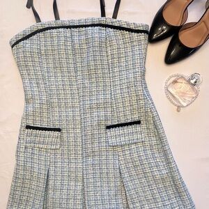Cider Strapless Blue and Black Tweed Dress